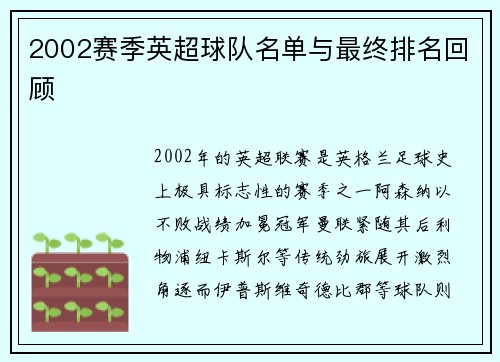 2002赛季英超球队名单与最终排名回顾