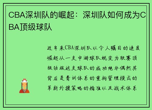 CBA深圳队的崛起：深圳队如何成为CBA顶级球队