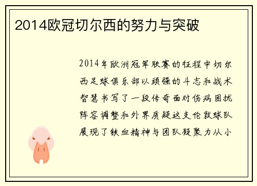 2014欧冠切尔西的努力与突破